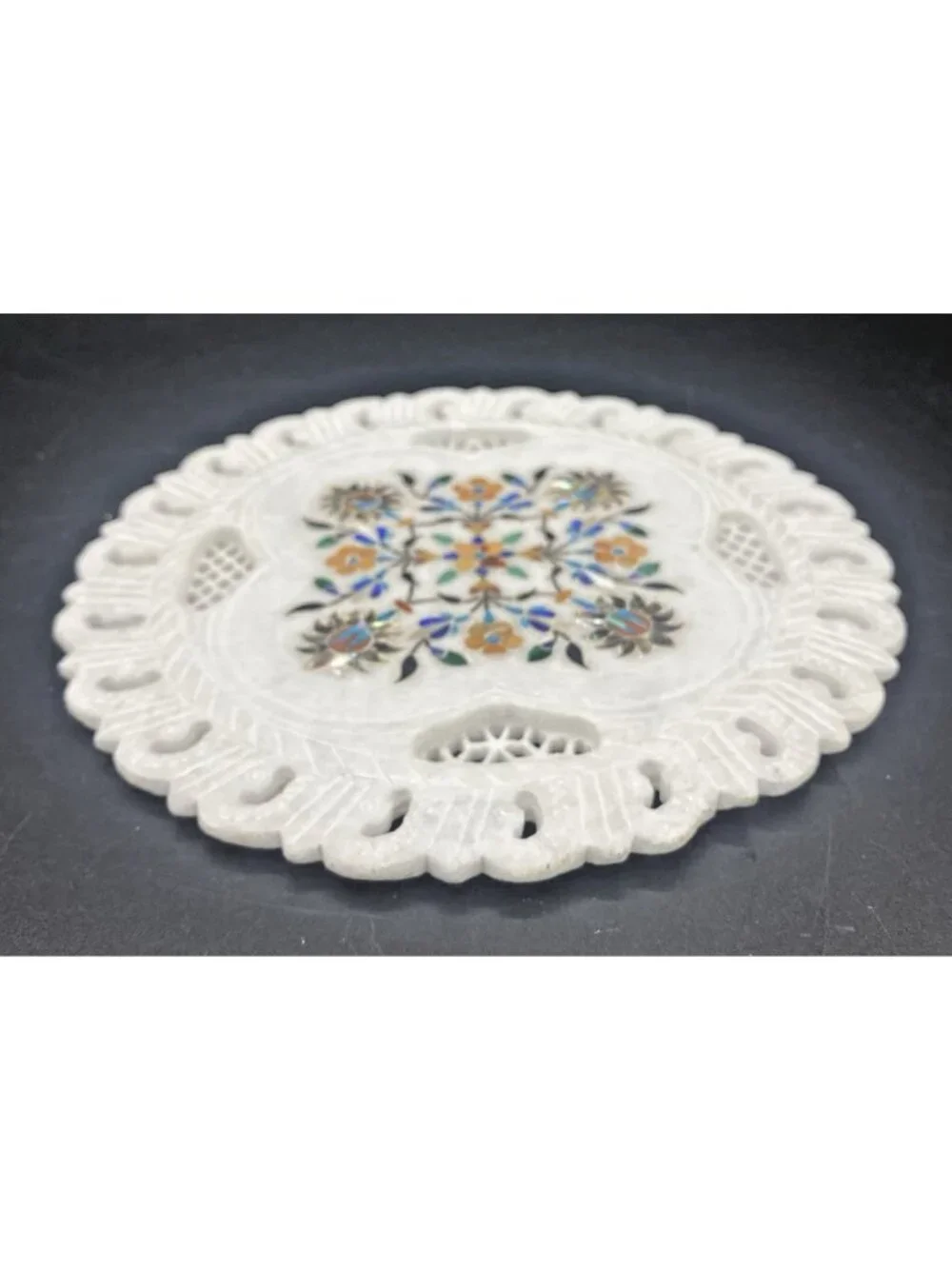 Inlaid Marble Plate Floral Stone Handmade Decor Boho Cottage 7 Inches